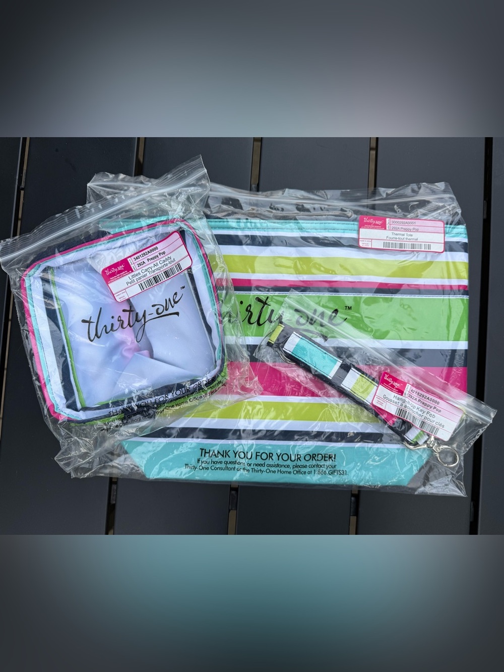 Thirty-One Preppy Pop Littles Carry-All Caddy, Thermal Tote, Hang-It-Up Key Fob